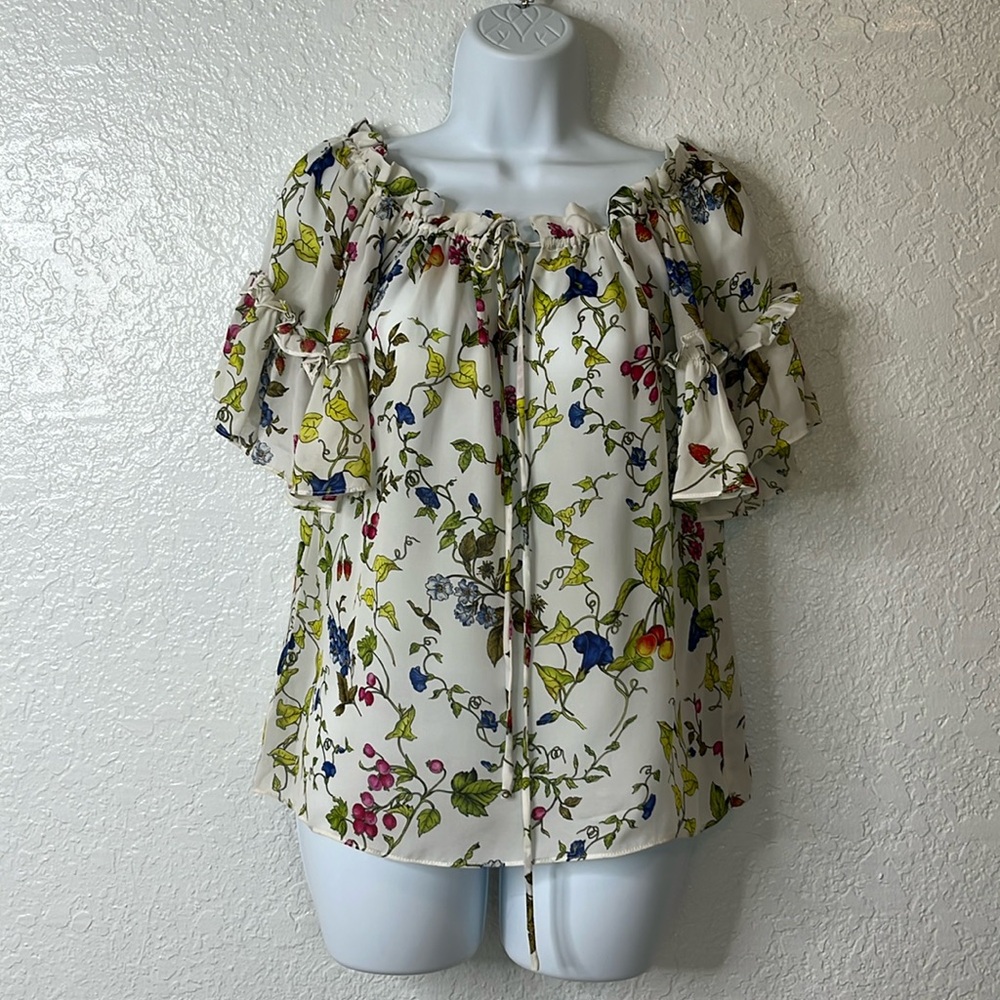 Milly Floral Strawberry Silk Print Blouse Ruffle Tie Top 4